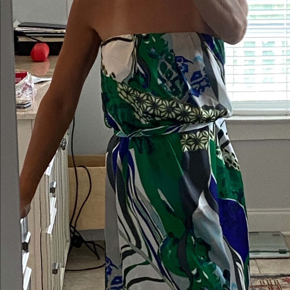 Silk strapless dress w pleats and wrap around tie